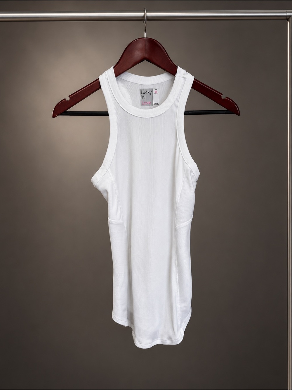 Lucky in Love One Love Rib Tank White Ribbed High Neck Racerback Tennis Tank XS